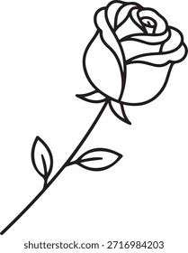 Línea simple en blanco y negro de una rosa con dos hojas en la línea de la flor del tallo en blanco y negro