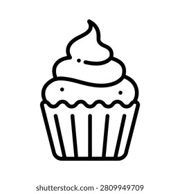 Simple black and white line of a single cupcake with a swirl of frosting on isolated on a plain white background, for bakery