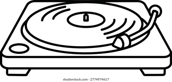 A simple black and white line of a turntable with a tonearm, set against a plain white background.