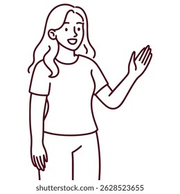 Simple black and white linear illustration of a woman pointing to the left, created in a clean, minimalistic art style for educational, web or print projects