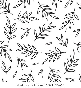 Simple black and white linear leaves seamless vector pattern. Leafy doodle background. Neutral bohemian plant design