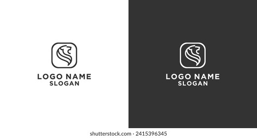 Logotipo simple de león blanco y negro con líneas de marco de caja