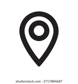 Un simple icono de marcador de ubicación en blanco y negro. Este icono se utiliza comúnmente para representar una ubicación geográfica específica o un punto de interés en los mapas y sistemas de navegación. El diseño consiste en una forma de lágrima con círculos concéntricos en la parte superior.
