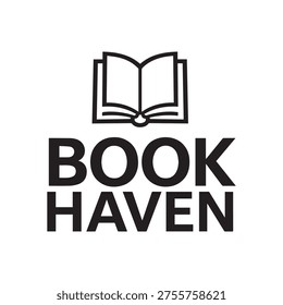 A simple black and white logo for 'Book Haven' featuring an open book icon above bold text. Ideal for bookstores libraries publishers or reading apps.
