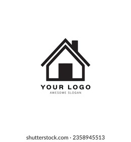 Simple black and white logo design for a house or building. The design features a triangle shape on top of the house