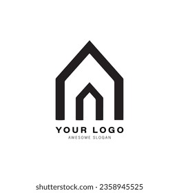 Simple black and white logo design for a house or building. The design features a triangle shape on top of the house