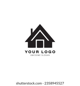 Sencillo diseño de logotipo en blanco y negro para una casa o edificio. El diseño tiene forma de triángulo en la parte superior de la casa