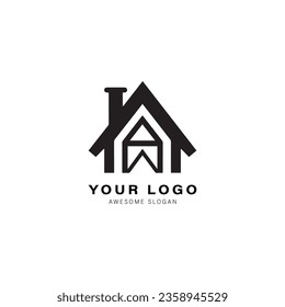 Sencillo diseño de logotipo en blanco y negro para una casa o edificio. El diseño tiene forma de triángulo en la parte superior de la casa