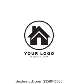 Sencillo diseño de logotipo en blanco y negro para una casa o edificio. El diseño tiene forma de triángulo en la parte superior de la casa