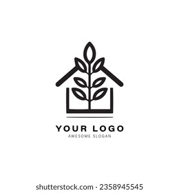 Sencillo diseño de logotipo en blanco y negro para una casa o edificio. El diseño tiene forma de triángulo en la parte superior de la casa