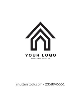 Simple black and white logo design for a house or building. The design features a triangle shape on top of the house