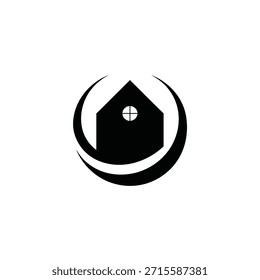 Logotipo sencillo en blanco y negro con una casa dentro de un diseño circular