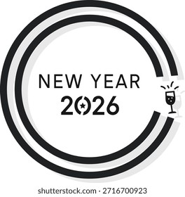 Ein einfaches schwarz-weißes Logo für das neue Jahr 2026 mit einer Weinglas-Ikone, die Feier und Festlichkeit symbolisiert.