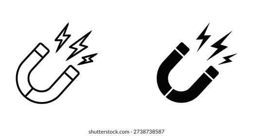 Simple black and white magnet icons with electric sparks, symbolizing magnetism and energy