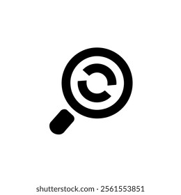 Simple black and white magnifying glass icon with data analysis graphic.
