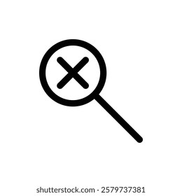 Simple black and white magnifying glass with an X inside, symbolizing rejection or search failure.