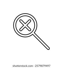 Simple black and white magnifying glass with an X inside, symbolizing rejection or search failure.