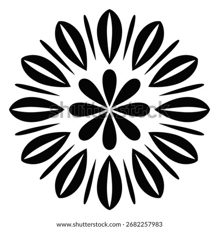 Simple black and white mandala with bold petal and line elements Keywords: mandala, black and