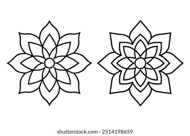 A simple black and white mandala illustration featuring intricate floral patterns and geometric shapes.