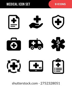 Simple Black and White Medical Element Icon Set with Various Symbols