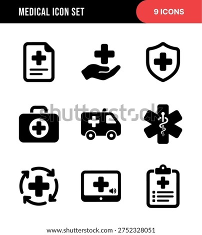Simple Black and White Medical Element Icon Set with Various Symbols