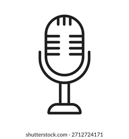 Simple black and white microphone outline vector. Minimalist line art icon suitable for podcast logos, radio broadcasting, and audio recording designs.
