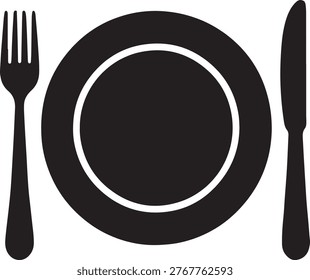 Simple black and white minimalist dining icon featuring a plate with fork and knife, isolated on light background. Ideal for restaurant, food service, menu design, and hospitality concepts.