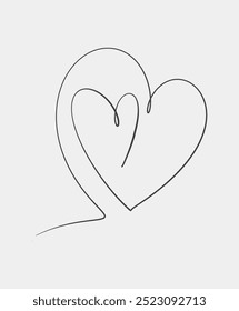 Simple black and white minimalist line art of two hearts, symbolizing love and romance, drawn with clean, flowing lines.