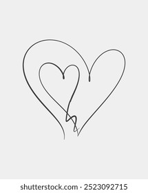 Simple black and white minimalist line art of two hearts, symbolizing love and romance, drawn with clean, flowing lines.