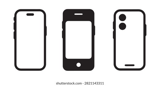 Simple black and white mobile phone vectors highlighting screen area buttons and lens placement for ui kit.