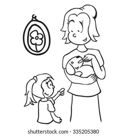 simple madre blanca y negra alimentando una caricatura de perro