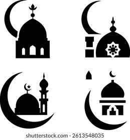 Simple Black and White Mosque Icons Set
