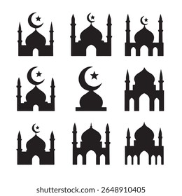 Simple Black and White Mosque Icons for Religious or Cultural Design
