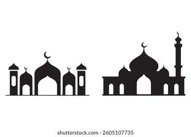 Simple Black and White Mosque Silhouette Design Two stylized mosque silhouettes presented in black and white against a white background.