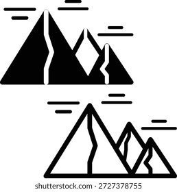 Simple black and white mountain range landscape illustration with clouds scenic nature graphic
