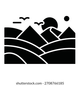 Simple black and white mountain valley scene icon.