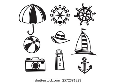 Simple black and white nautical and summer icons set.