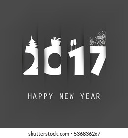 Simple Black and White New Year Card, Cover or Background Design Template With Christmas Tree, Gift Box, Drinking Glasses And Fireworks Icons - 2017