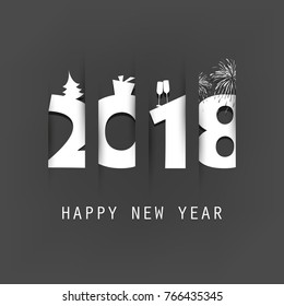  Simple Black and White New Year Card, Cover or Background Design Template With Christmas Tree, Gift Box, Drinking Glasses And Fireworks - 2018 