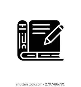 Simple black and white notebook icon with pen writing on lined paper ideal for education and study materials