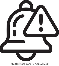 Ícone simples de sino de notificação preto-e-branco com sinal de aviso de ponto de exclamação simbolizando alerta ou lembrete que precisa de atenção dos usuários.