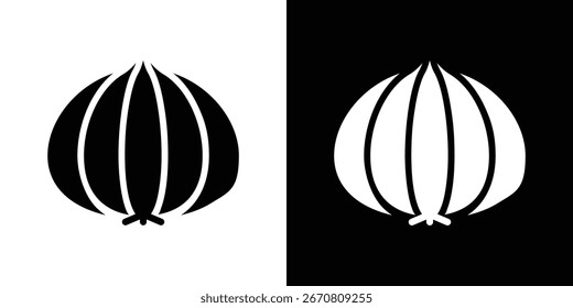 Gráfico simple del icono de la cebolla blanca y negra, aislado en fondos blancos y negros. Perfecto para diseños culinarios o de cocina.