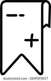 A simple black and white outline of a bookmark with a plus and minus sign, useful for marking pages.