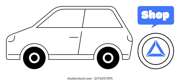 A simple black and white outline of a car parked next to a blue shopping icon and a circular emblem with a stylized triangle. Ideal for automotive themes commerce advertising design concepts