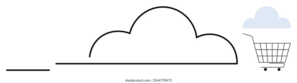 Simple black and white outline of a cloud with a shopping cart underneath. Ideal for themes of cloud computing, online shopping, modern business, digital technology, and e-commerce platforms