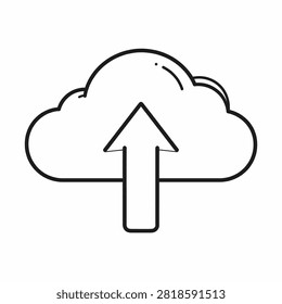 A simple black and white outline of a cloud with an upward arrow, symbolizing cloud upload or data transfer in digital technology.