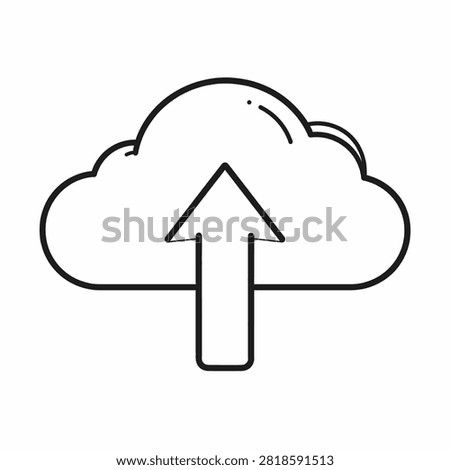 A simple black and white outline of a cloud with an upward arrow, symbolizing cloud upload or data transfer in digital technology.