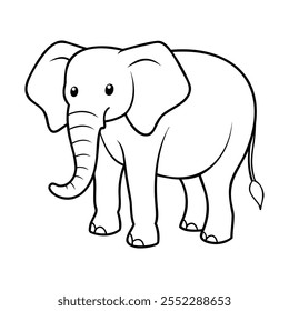 Simple black and white outline of a cute elephant. The cartoon style drawing features clean lines, a friendly expression, and white background