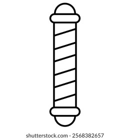 Simple black and white outline of a cylindrical barber pole with diagonal stripes, a traditional symbol of barbershops.