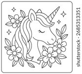 a simple black and white outline drawing of a unicorn head surrounded by flowers and stars. the unicorn has a closed eye and a peaceful expression on its face. it is a cute and magical design.